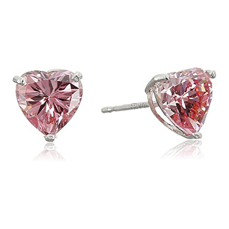 Jewelili 10K White Gold Heart Pink Cubic Zirconia Stud Earrings