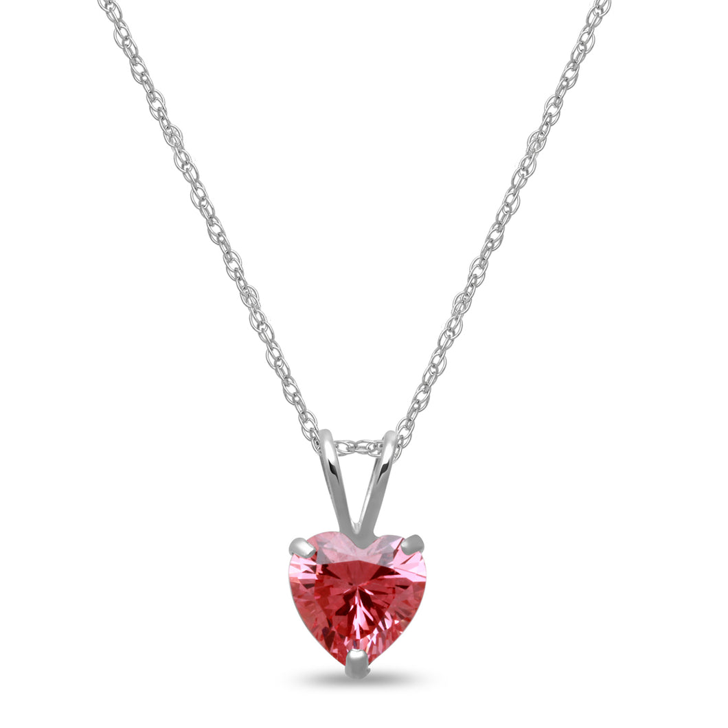 Jewelili 10K White Gold With Created Pink Sapphire Heart Shape Pendant Necklace