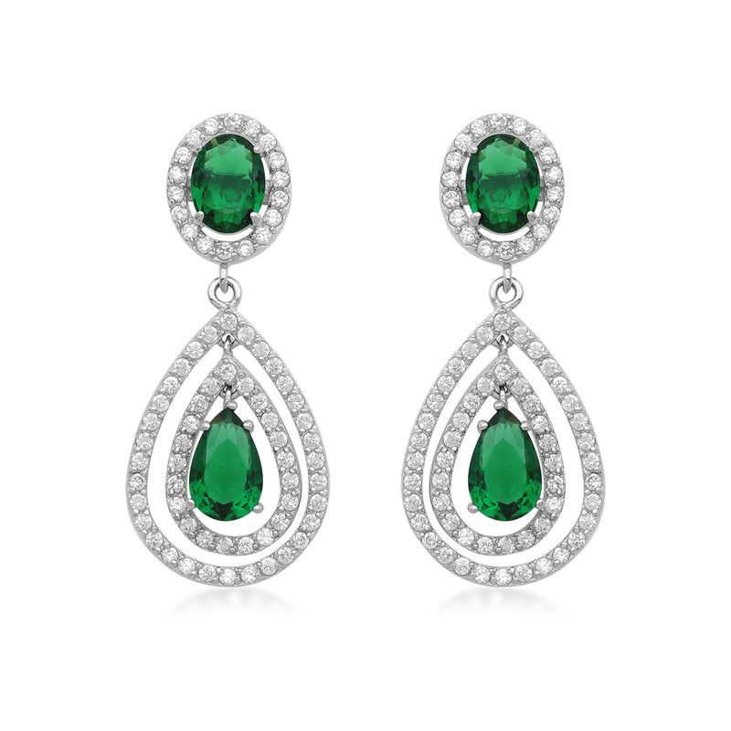 Jewelili Teardrop Drop Earrings with Simulated Green Emerald Glass with Round Cubic Zirconia in Sterling Silver View 2