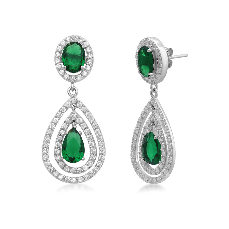 Jewelili Teardrop Drop Earrings with Simulated Green Emerald Glass with Round Cubic Zirconia in Sterling Silver View 1