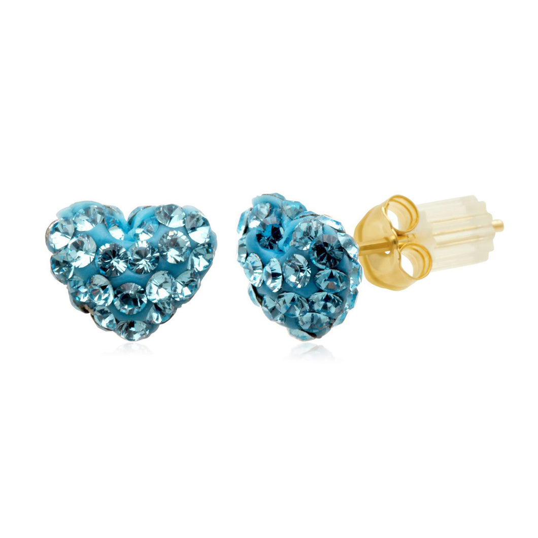 Jewelili Crystal Heart Stud Earrings with Aquamarine Blue Cubic Zirconia in 10K Yellow Gold View 1