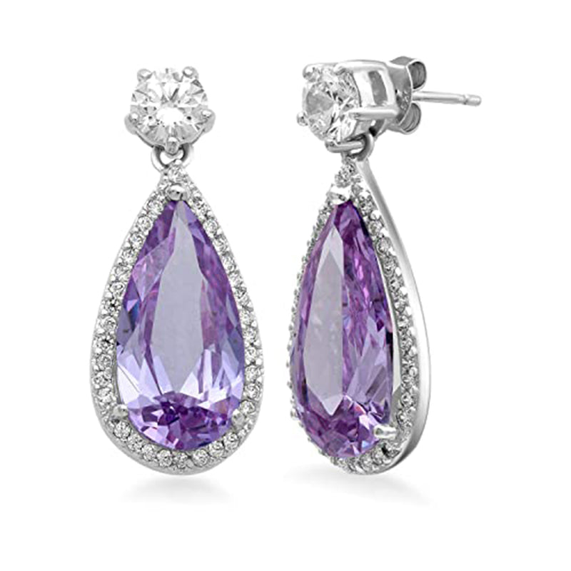 Jewelili Sterling Silver with Simulated Amethyst and Cubic Zirconia Dangle Earrings