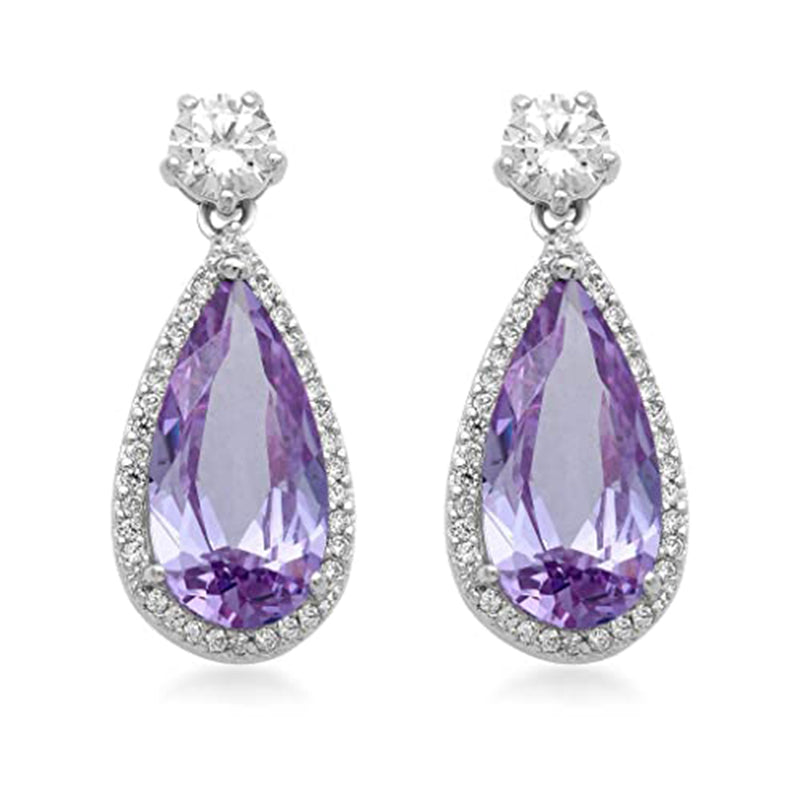 Jewelili Sterling Silver with Simulated Amethyst and Cubic Zirconia Dangle Earrings