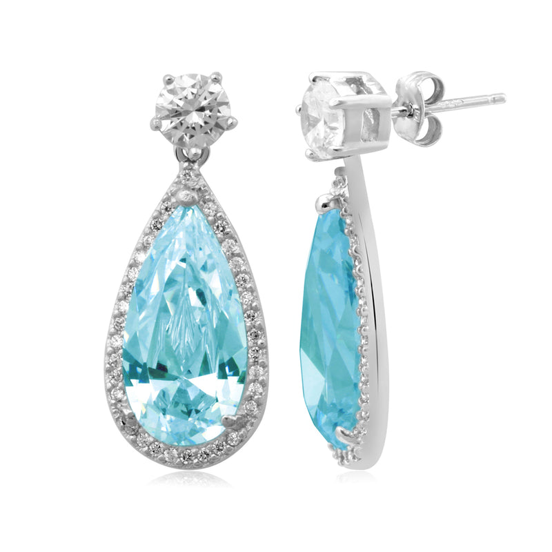 Jewelili Sterling Silver with Simulated Aquamarine and Cubic Zirconia Dangle Earrings