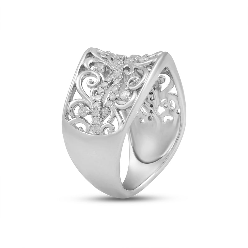Jewelili Sterling Silver with 1/3 CTTW Natural White Round Diamonds Filigree Ring