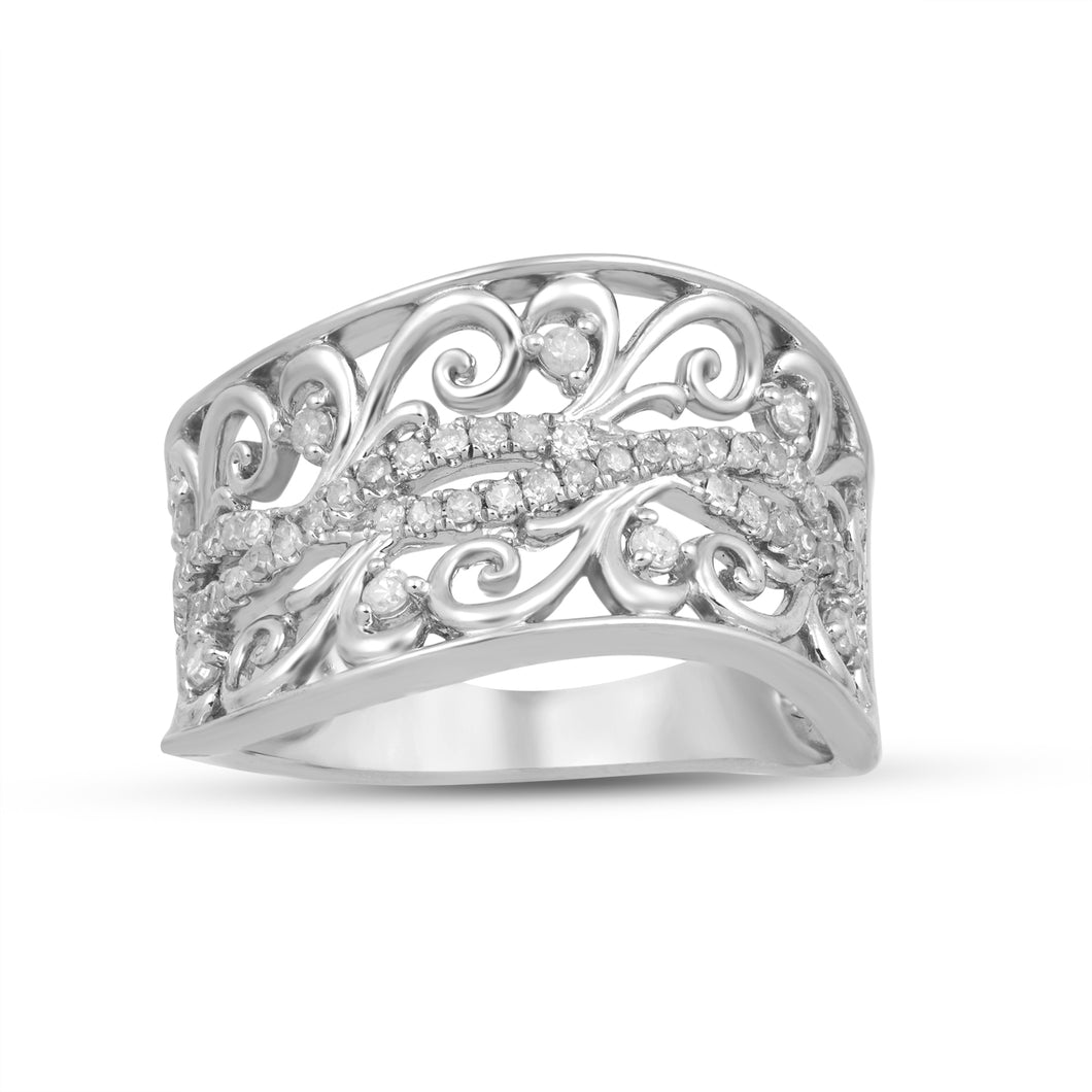 Jewelili Sterling Silver with 1/3 CTTW Natural White Round Diamonds Filigree Ring