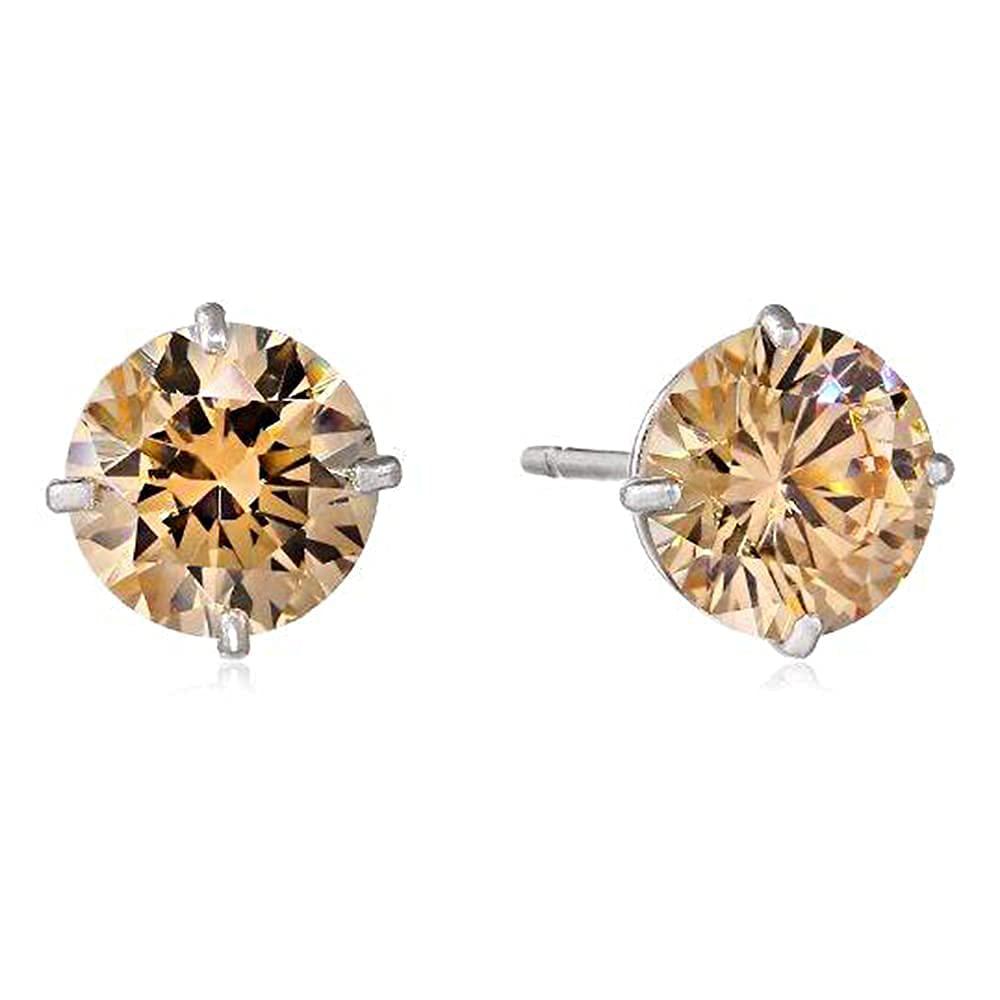 Jewelili Stud Earrings with Champagne Cubic Zirconia in 10K White Gold View 1
