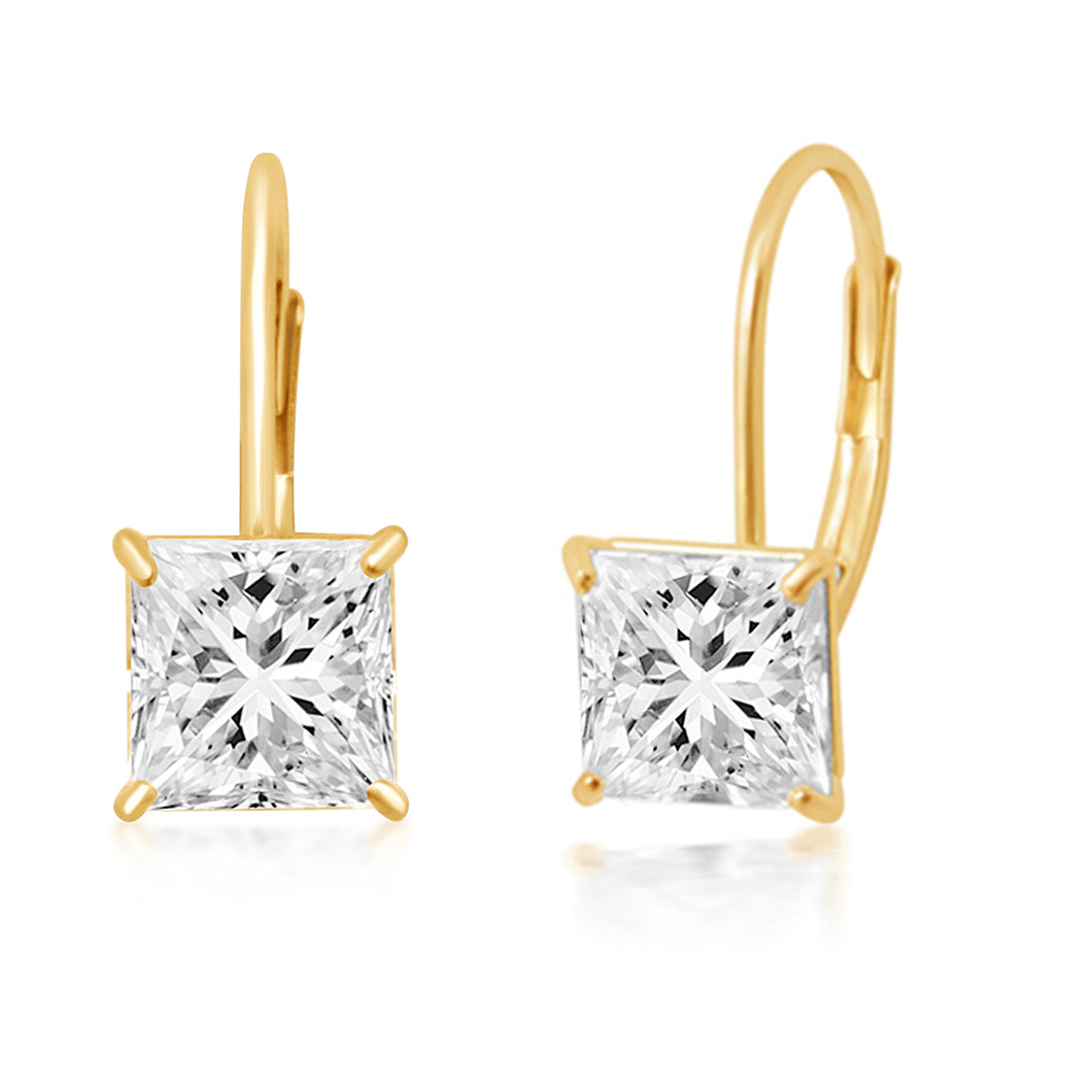 Jewelili Leverback Earrings with Princess Cut Cubic Zirconia in 10K Yellow Gold View 1