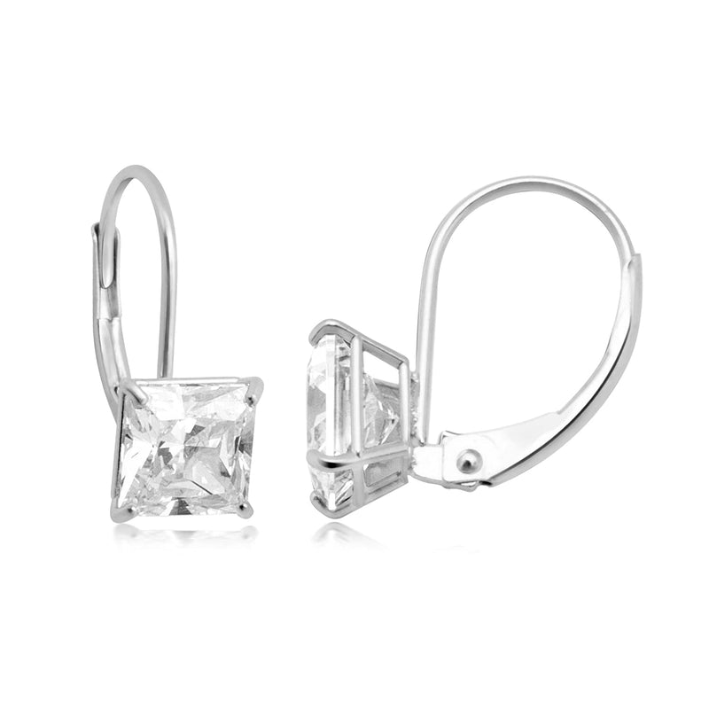 Jewelili Princess Shape Leverback Earrings with Cubic Zirconia in 10K White Gold View 3