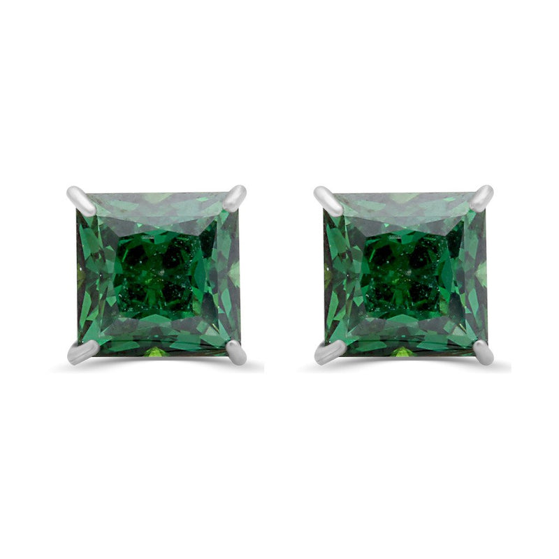 Jewelili Stud Earrings with Princess Cut Green Cubic Zirconia in 10K White Gold
