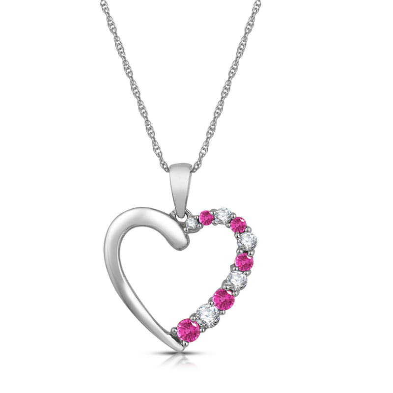 Jewelili 10K White Gold With Round Created Pink Sapphire and Created White Sapphire Journey Heart Pendant Necklace