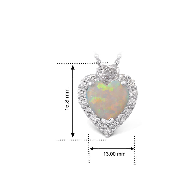 Jewelili Heart Pendant Necklace Opal & White Diamond Jewelry in Sterling Silver - View 2