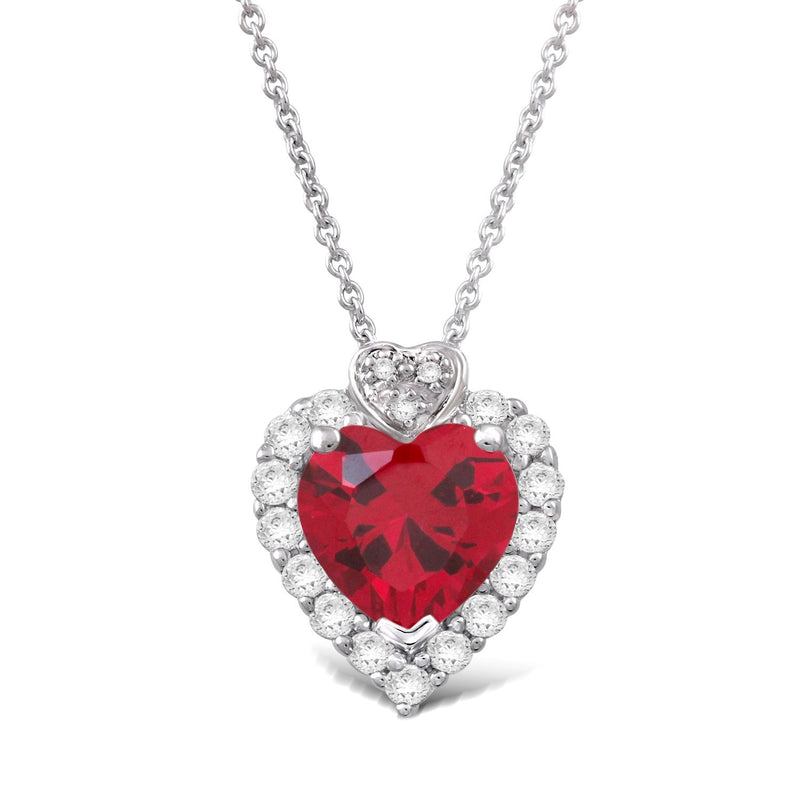 Jewelili Sterling Silver with Heart Shape Created Ruby and Round Created White Sapphire with Diamonds Heart Pendant Necklace