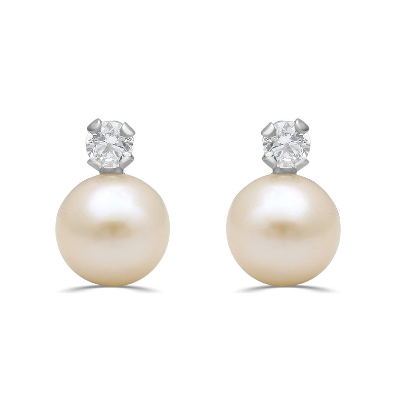 Jewelili Sterling Silver With Pearl and Created White Sapphire Stud Earrings