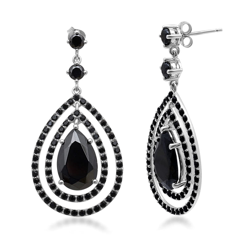 Jewelili Teardrop Drop Earrings with Black Cubic Zirconia and Black Crystal in Sterling Silver View 1