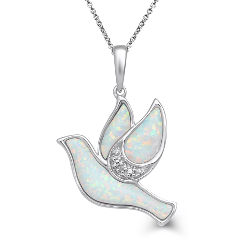 Jewelili Sterling Silver With Created Opal and Diamonds Dove Pendant Necklace
