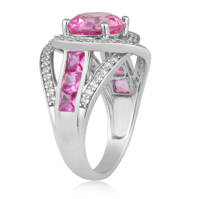 Jewelili Sterling Silver with Round & Square Shape Created Pink Sapphire and Created White Sapphire Ring