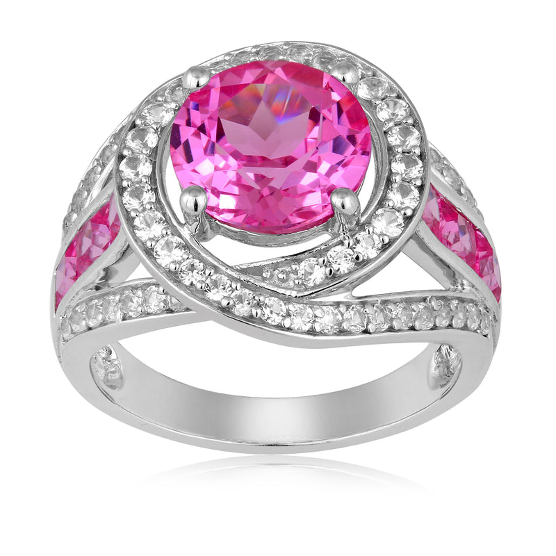 Jewelili Sterling Silver with Round & Square Shape Created Pink Sapphire and Created White Sapphire Ring