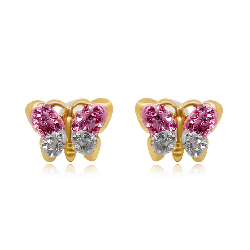 Jewelili Butterfly Stud Earrings with Pink Preciosa Crystal and White Preciosa Crystal in 10K Yellow Gold View 1