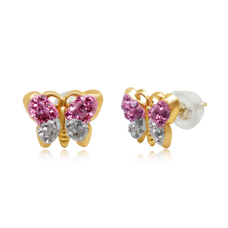 Jewelili Butterfly Stud Earrings with Pink Preciosa Crystal and White Preciosa Crystal in 10K Yellow Gold View 3