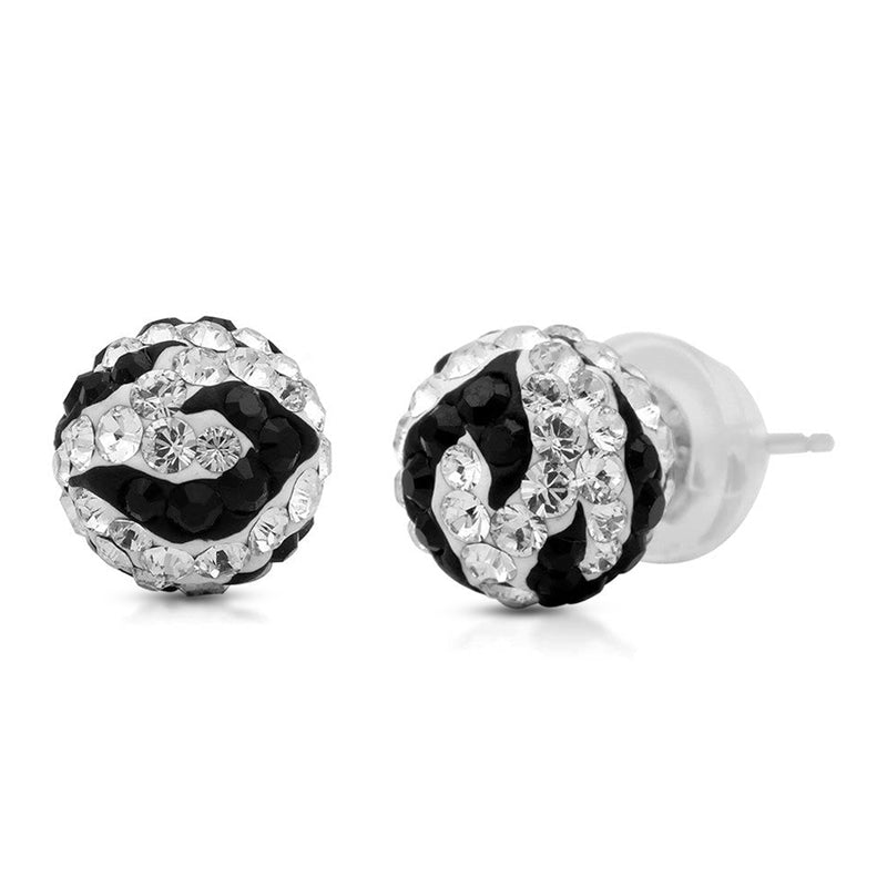 Jewelili 10K White Gold With White & Black Cubic Zirconia Crystal Stud Earrings