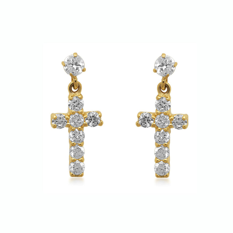 Jewelili Cross Dangle Earrings with Cubic Zirconia in 10K Yellow Gold View 3