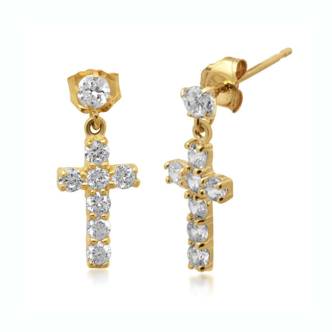 Jewelili Cross Dangle Earrings with Cubic Zirconia in 10K Yellow Gold View 1