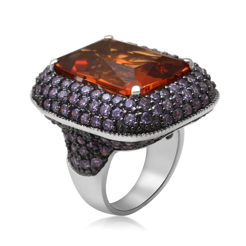 Jewelili Fashion Ring with Created Madeira Citrine and Round Cubic Zirconia Amethyst in Sterling Silver View 3
