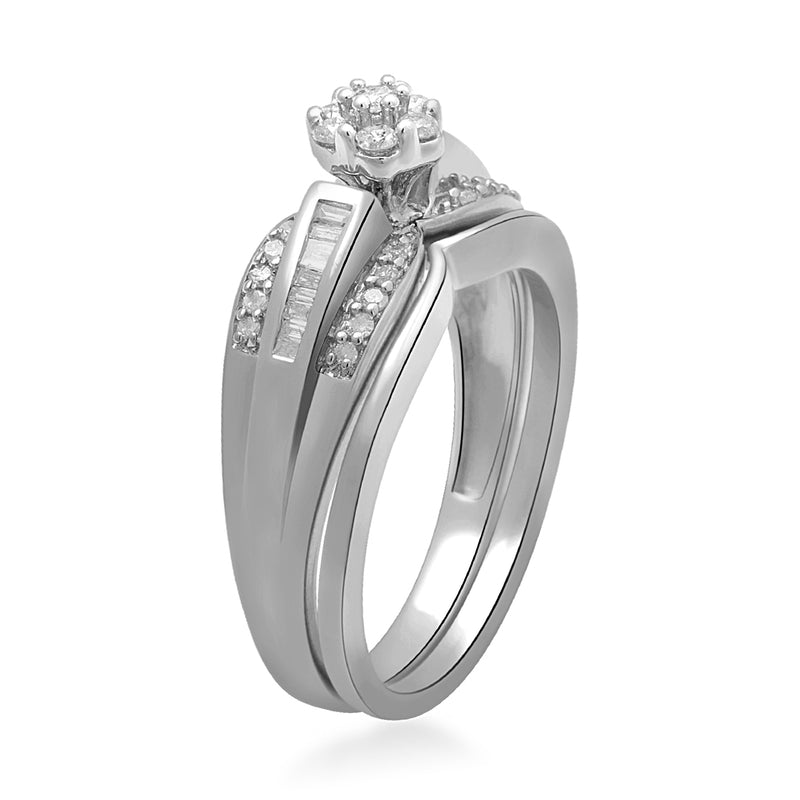 Jewelili Bridal Set with Round and Baguette Shape Natural White Diamonds in Sterling Silver 1/3 CTTW View 5