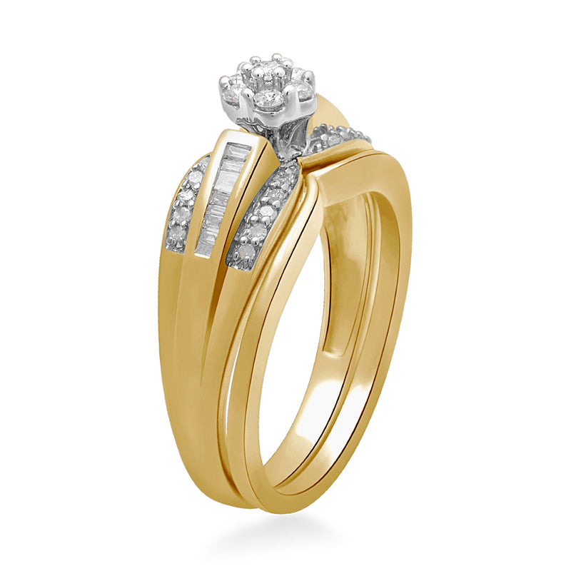 Jewelili 14K Yellow Gold Over Sterling Silver with 1/3 CTTW Natural White Diamonds Bridal Set