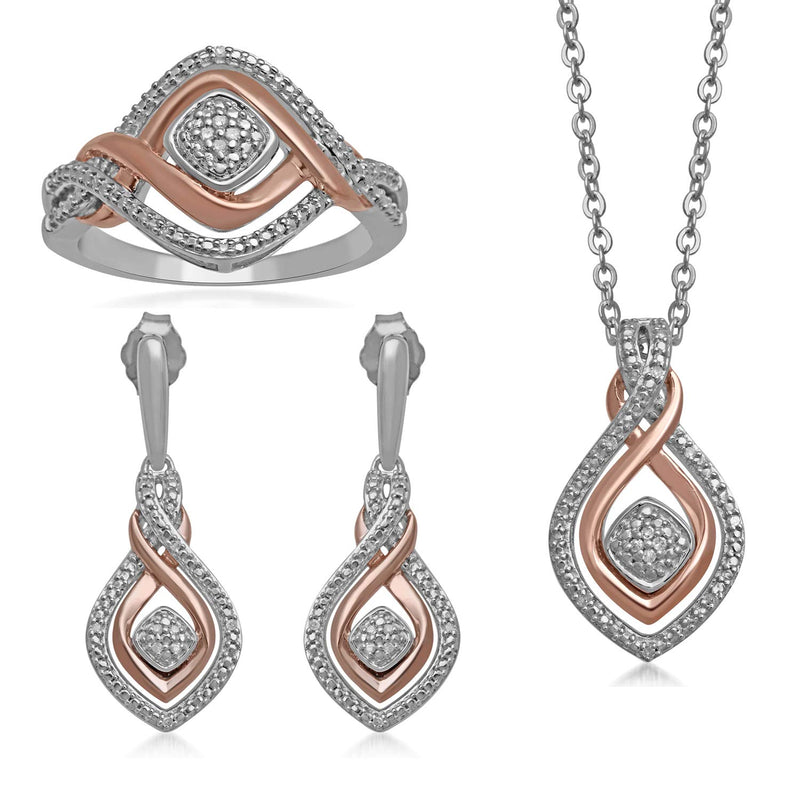 Jewelili Sterling Silver With 0.10 CTTW Diamonds Pendant, Ring and Earrings Set