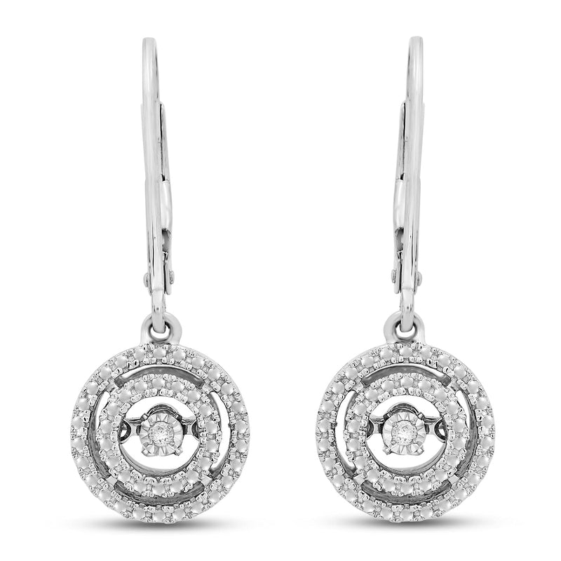 Jewelili Sterling Silver with Natural White Round Diamonds Double Halo Dangle Earrings