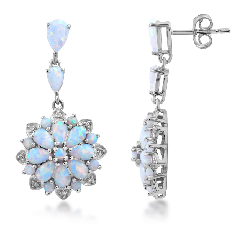 Jewelili Flower Cut Dangle Earrings with Created Opal and Natural White Round Diamonds in Sterling Silver view 1