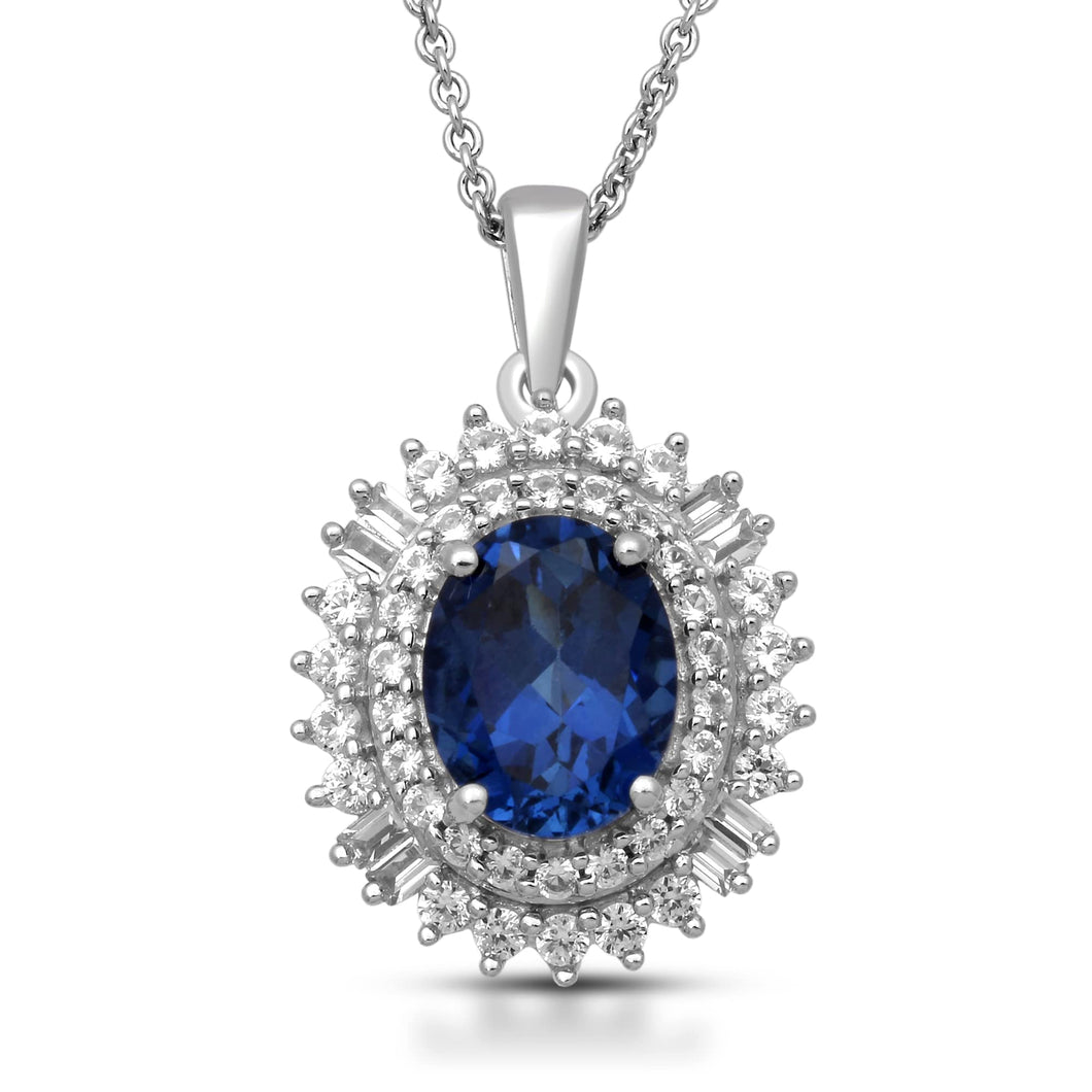 Jewelili Oval Shape Pendant Necklace with Created Ceylon Sapphire and Created White Sapphire in Sterling Silver View 1