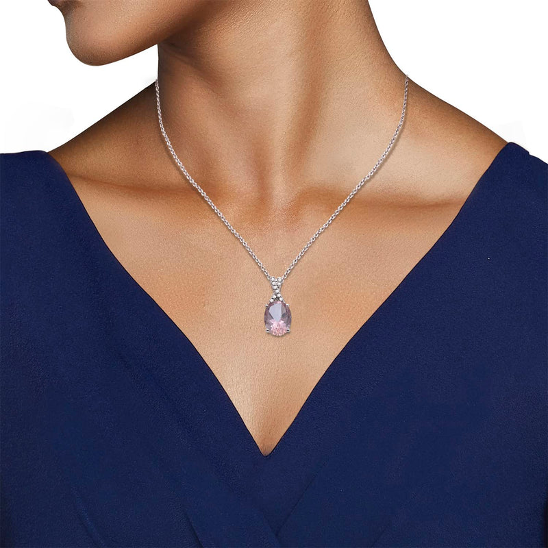 Jewelili Sterling Silver Oval Cut Morganite and Round Created White Sapphire Pendant Necklace
