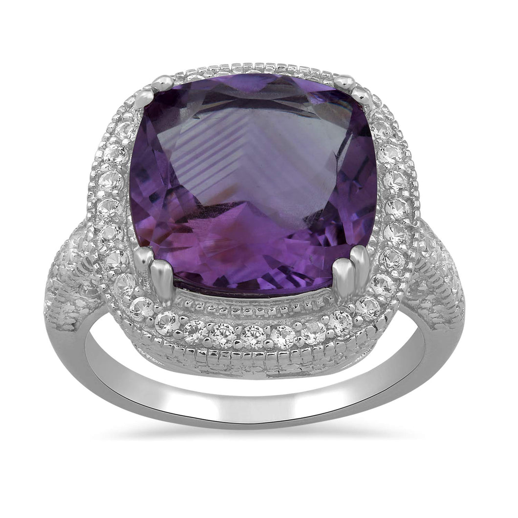 Jewelili Ring with Cushion Shape Amethyst and Round Created White Sapphire in Sterling Silver View 1