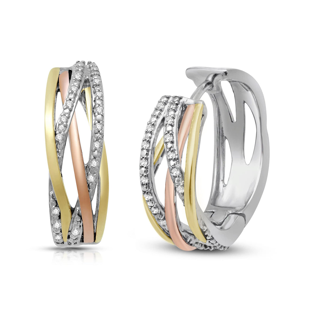Jewelili Criss Cross Hoop Earrings with Natural White Round Diamonds Rose Gold over Sterling Silver View 1