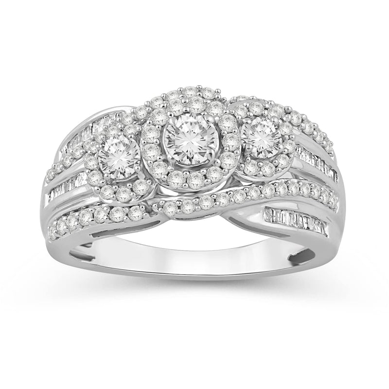 Jewelili Ring with Baguette and Round Diamonds in 10K White Gold 3/4 CTTW View 1