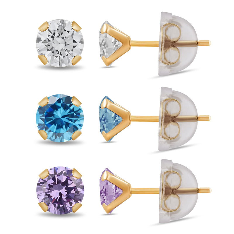 Jewelili Stud Earrings 3 Piece Set with Round White, Blue and Purple Cubic Zirconia in 10K Yellow Gold View 3