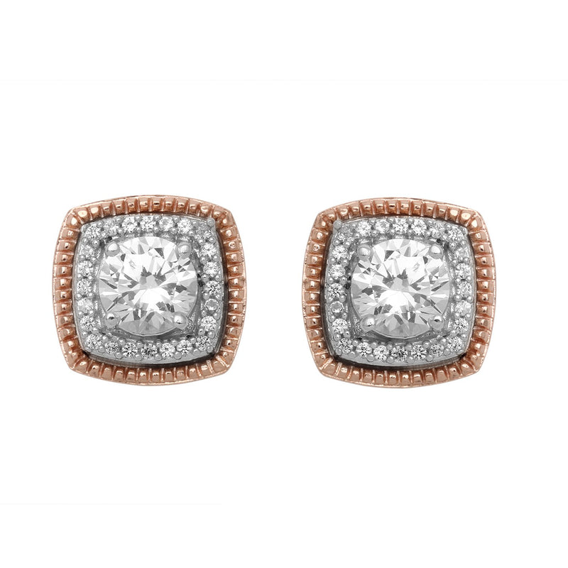Jewelili Halo Two Tone Earrings with Created White Sapphire in 10K Rose Gold over Sterling Silver View 1