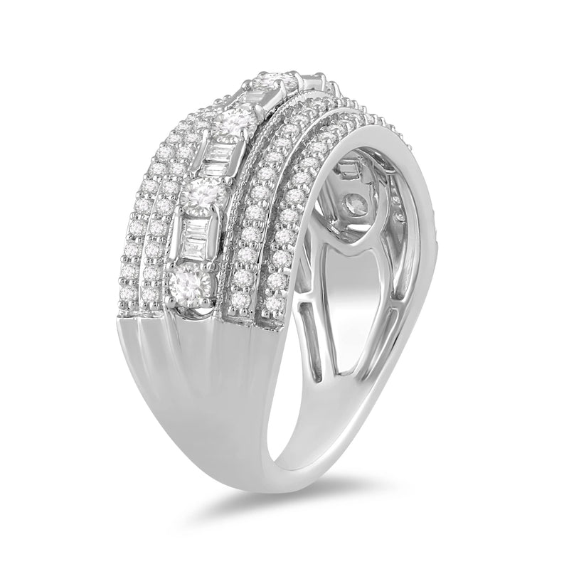 Jewelili 10K White Gold 1 CTTW Natural White Baguette and Round Diamonds Ring