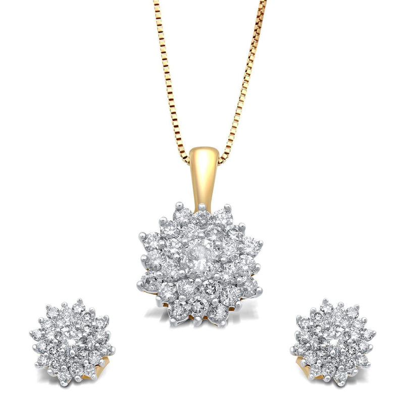 Jewelili Cluster Pendant Necklace and Earrings Set with Natural White Round Shape Diamonds in 10K Yellow Gold 1.00 CTTW