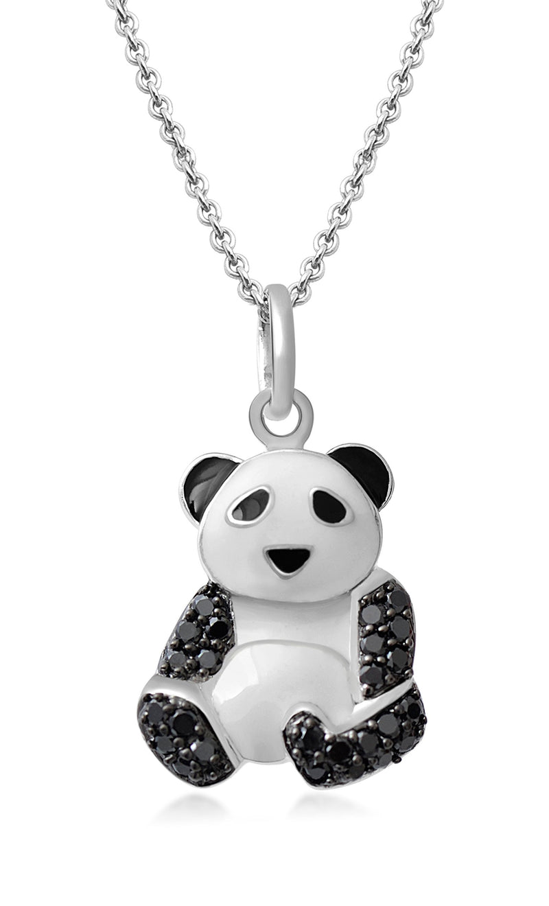 Jewelili Sterling Silver With 1/4 CTTW Round Treated Black Diamonds Enamel Panda Pendant Necklace