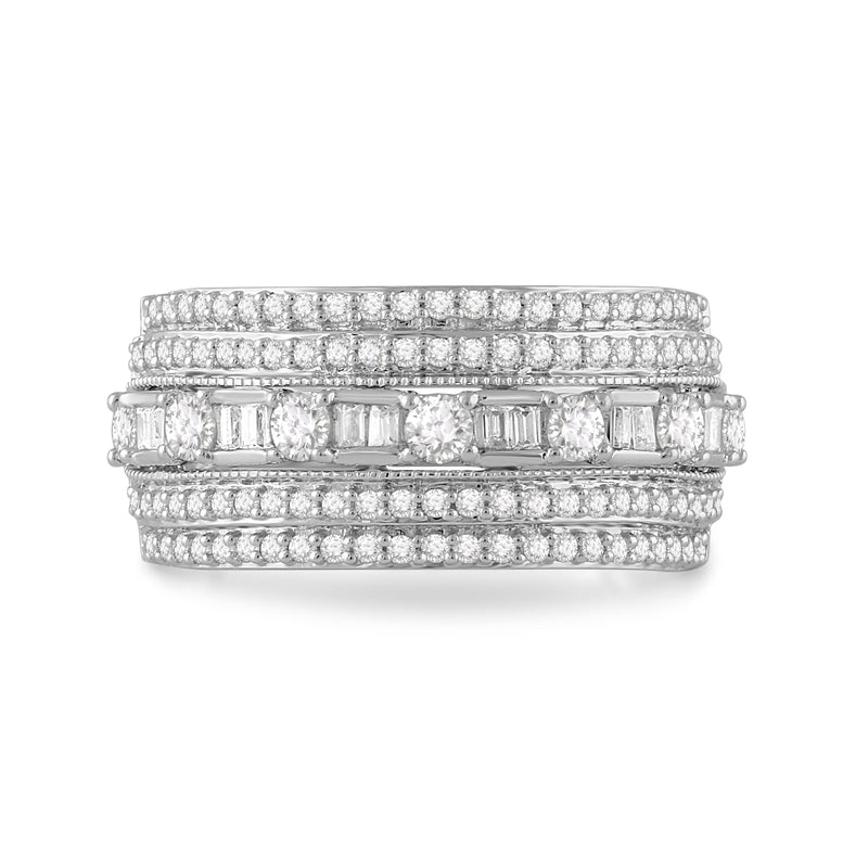 Jewelili 10K White Gold 1 CTTW Natural White Baguette and Round Diamonds Ring