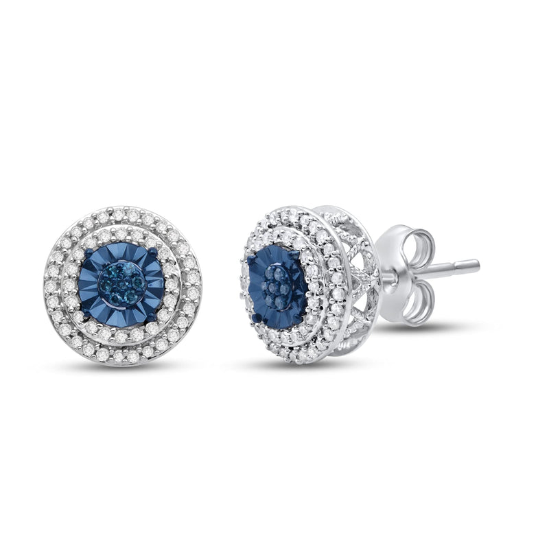 Jewelili Double Halo Stud Earrings with Round Treated Blue Diamonds and White Diamonds in Sterling Silver 1/4 CTTW View 1