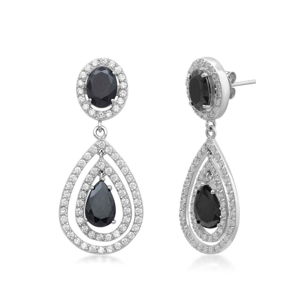 Jewelili Teardrop Drop Earrings with Black Cubic Zirconia and Clear Crystal in Sterling Silver View 1