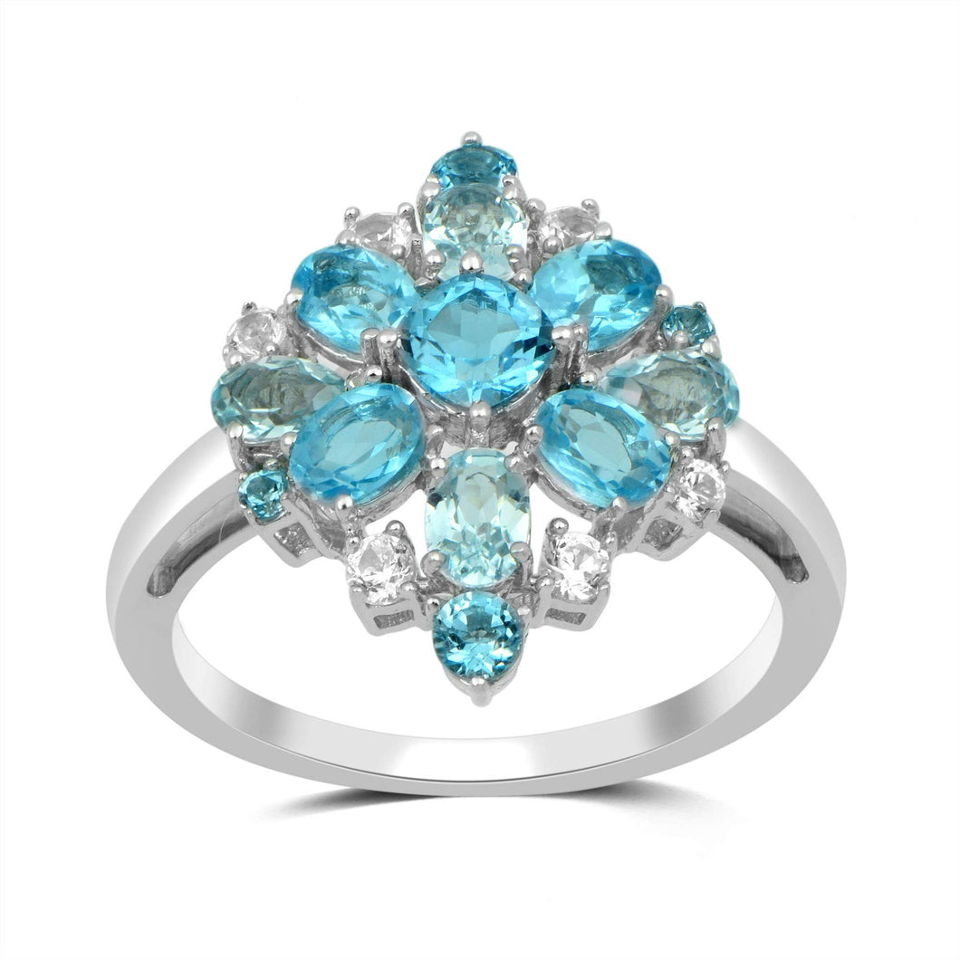 Jewelili Cocktail Ring with Swiss Blue Topaz with Sky Blue Topaz and Created White Sapphire in Sterling Silver View 1