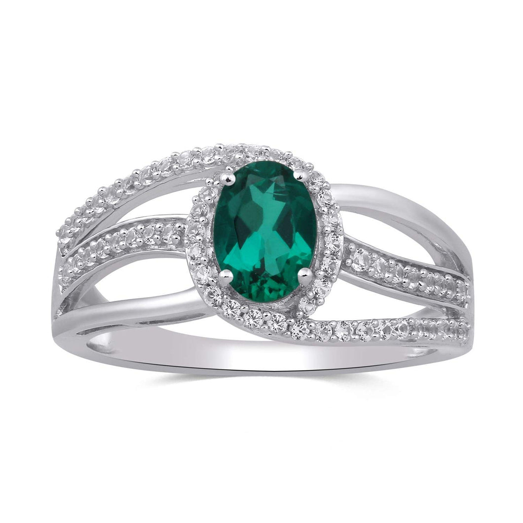 Jewelili Sterling Silver With Oval Created Emerald and Round Created White Sapphire Ring
