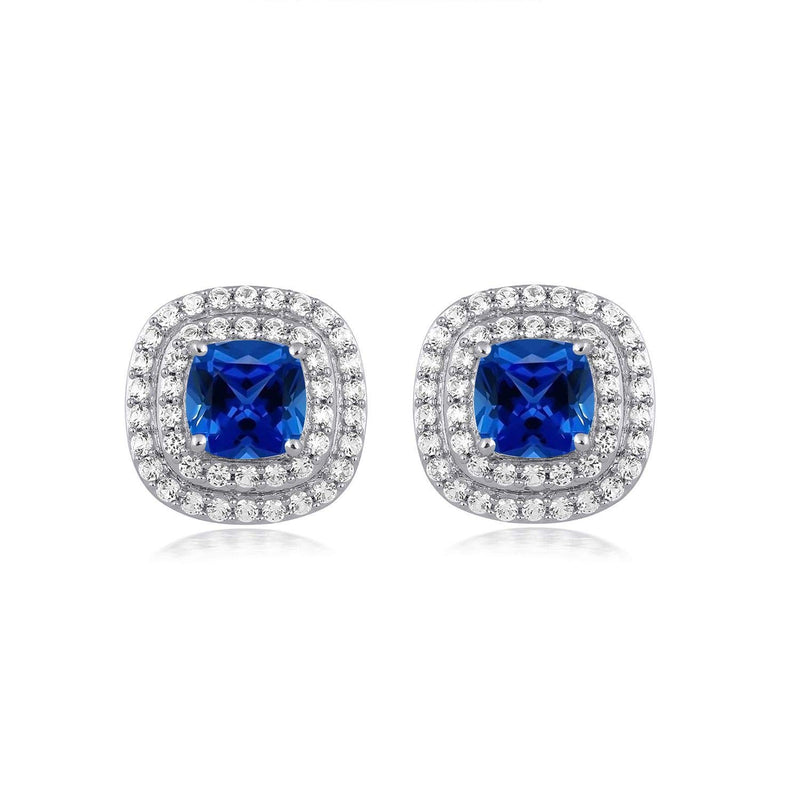 Jewelili Pendant and Stud Earrings Set with Cushion Created Blue Sapphire and Created White Sapphire in Sterling Silver View 2