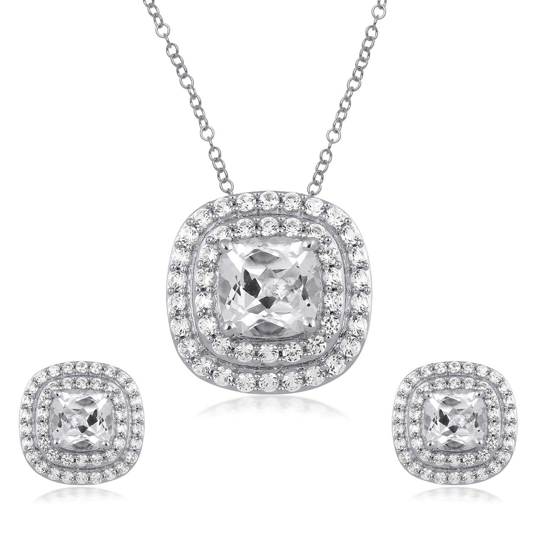 Jewelili Pendant and Stud Earrings Jewelry Set with Created White Sapphire Pendant in Sterling Silver View 1